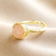 Adjustable Rose Quartz Stone Ring in Gold on Fabric