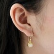 Model Wearing Moonstone Drop Earrings in Gold