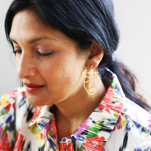 Model Wears Laurel Leaf Face Drop Earrings in Gold