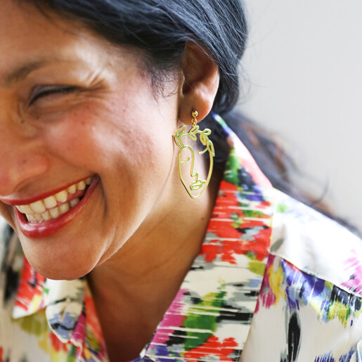 Gold Laurel Leaf Face Drop Earrings on Model