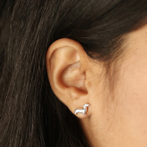 Sausage Dog Stud Earrings in Silver on model