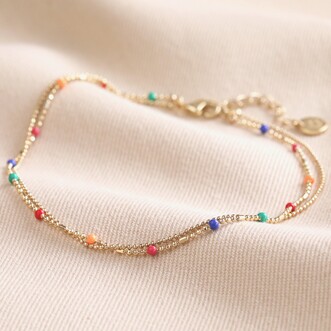 Rainbow Enamel Ball Chain Layered Anklet in Gold