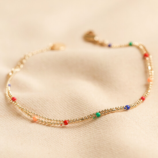 Rainbow Enamel Ball Chain Layered Bracelet in Gold