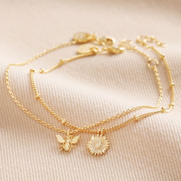 Set of 2 Daisy and Bee Chain Bracelets in Gold Set of 2 Daisy and Bee Chain Bracelets in Gold