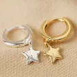 Antiqued Effect Star Charm Huggie Hoop Earrings in Gold With Silver Version