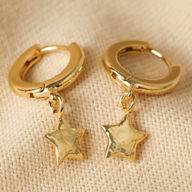 Antiqued Effect Star Charm Huggie Hoop Earrings in Gold Antiqued Effect Star Charm Huggie Hoop Earrings in Gold