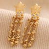 Close Up of Crystal Shooting Star Drop Earrings in Gold on Beige Coloured Fabric