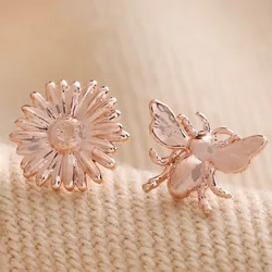 Mismatched Daisy and Bee Stud Earrings in Rose Gold