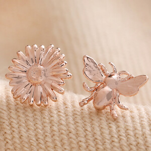Mismatched Daisy and Bee Stud Earrings in Rose Gold