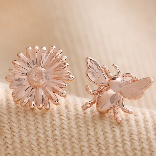 Mismatched Daisy and Bee Stud Earrings in Rose Gold Mismatched Daisy and Bee Stud Earrings in Rose Gold