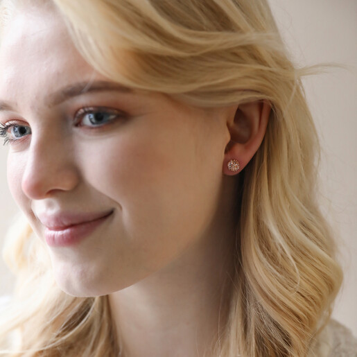 Model Wearing Daisy Stud from Mismatched Daisy and Bee Stud Earrings in Rose Gold
