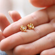 Model Holding Small Flower and Pearl Stud Earrings in Gold Between Fingers