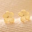 February Violet Tiny Birth Flower Stud Earrings in Gold on Neutral Fabric