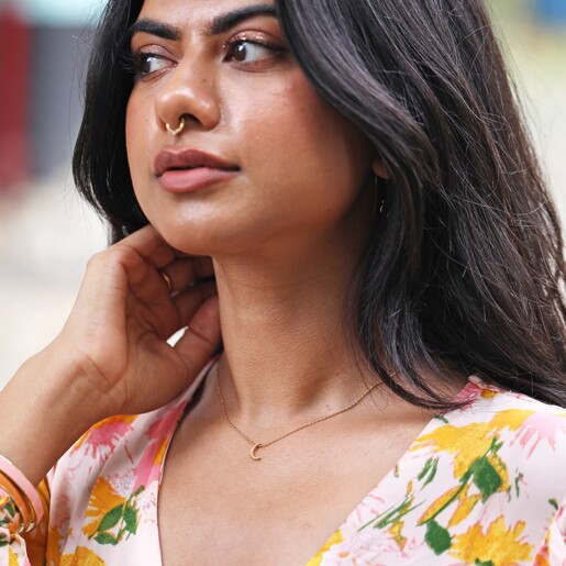 Gold Crescent Moon Necklace Worn by Model
