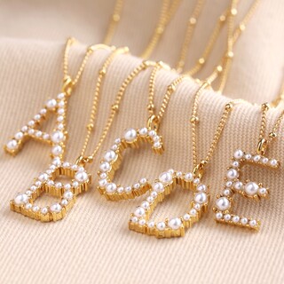 Mixed Size Pearl Initial Necklace in Gold