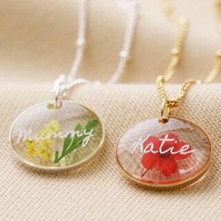 Personalised Engraved Pressed Birth Flower Pendant Necklace