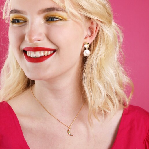 Model Wearing Rainbow Crystal Crescent Moon Pendant Necklace in Gold