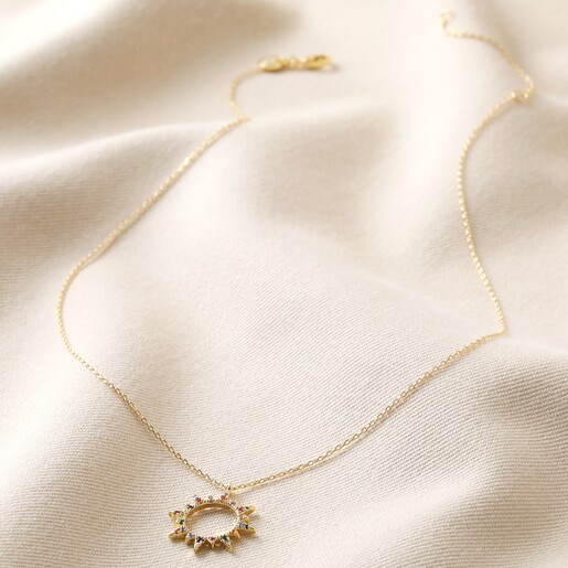 Rainbow Crystal Sunburst Pendant Necklace in Gold Full Length