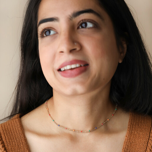 Model Wearing Rainbow Enamel Double Ball Chain Necklace in Gold