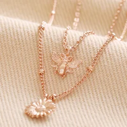 Set of 2 Daisy and Bee Necklaces in Rose Gold