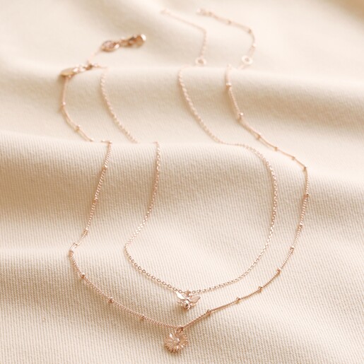 Full Length Set of 2 Daisy and Bee Necklaces in Rose Gold