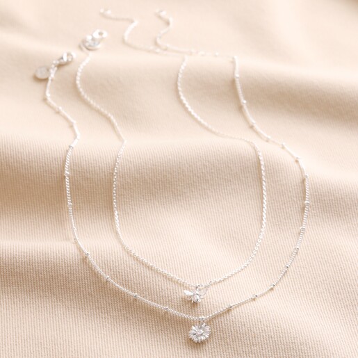Full Length Set of 2 Daisy and Bee Necklaces in Silver on Fabric