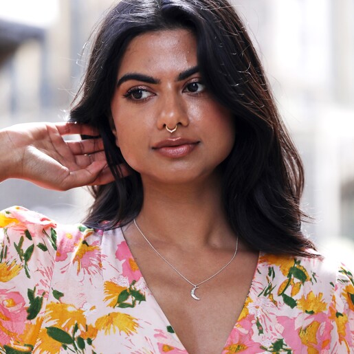 Model Wears Silver Crescent Moon Necklace