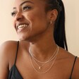 Model Wearing Tiny Pearl Initial Charm Necklace in Silver Layered with Other Silver Jewellery