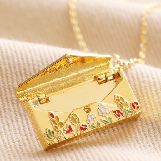 Close Up of Opened Pendant on Wildflower Envelope Locket Pendant Necklace in Gold