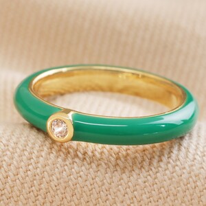 Green Enamel Crystal Ring in Gold - M/L