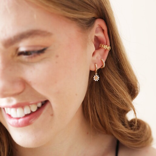 Worn With Other Gold Earrings Tiny Daisy Chain Ear Cuff in Gold on Model With Other Gold Earrings