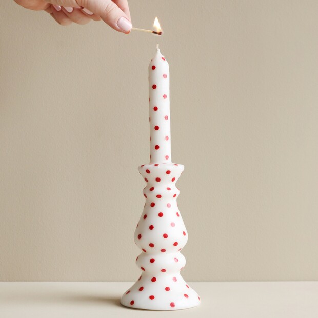 White and Red Spotty Candlestick Candle White and Red Spotty Candlestick Candle
