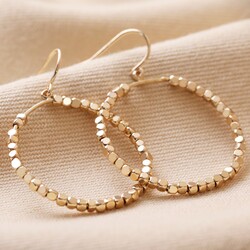 Cube Bead Hoop Drop Earrings in Gold