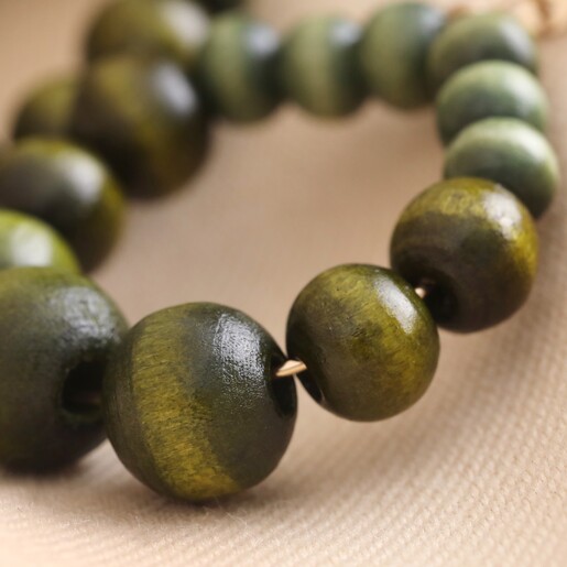 Close Up of Bead Detailing on the Green Wooden Bead Drop Earrings