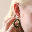Close Up of Model Wearing Green Wooden Bead Drop Earrings
