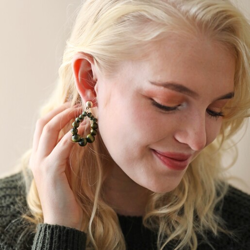 Blonde Model Wearing Green Wooden Bead Drop Earrings