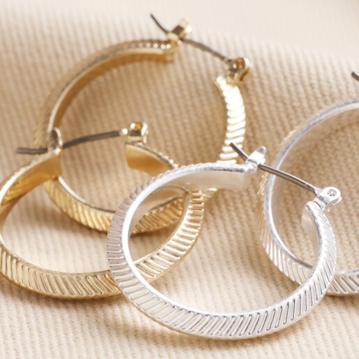 Herringbone Edge Hoop Earrings in Gold with Other Colour in Silver