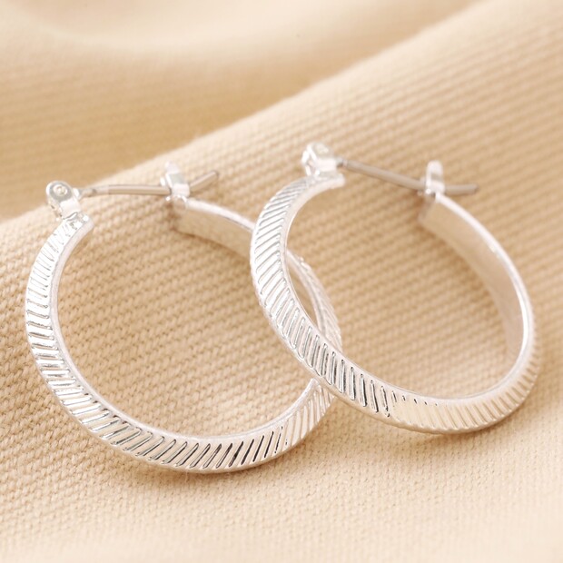 Herringbone Edge Hoop Earrings in Silver