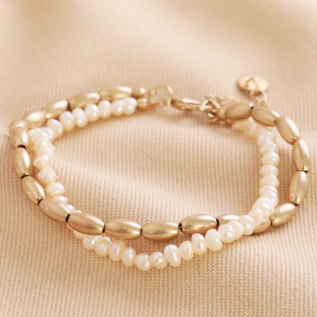 Pearl and Matte Bead Layered Bracelet in Gold Pearl and Matte Bead Layered Bracelet in Gold