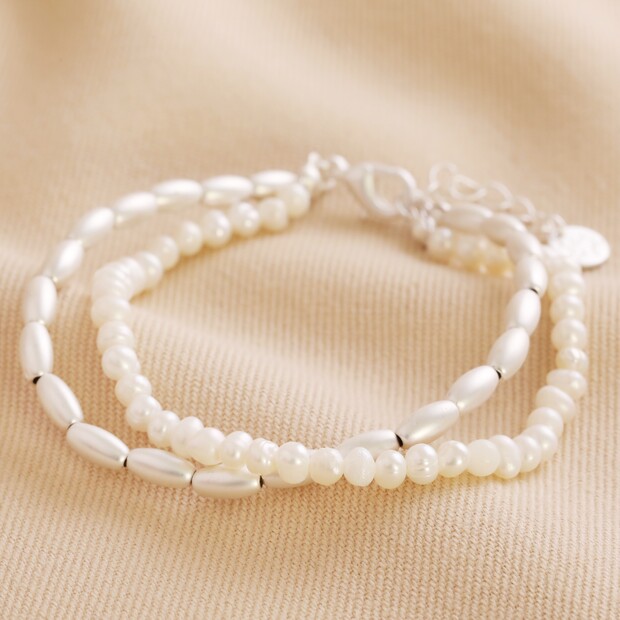 Pearl and Matte Bead Layered Bracelet in Silver Pearl and Matte Bead Layered Bracelet in Silver