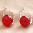 Red Agate Stone Bead Drop Earrings with Silver Chain