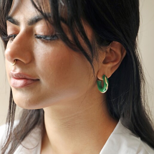 Big Metal London Engraved Edge Green Enamel Hoop Earrings in Gold on Model