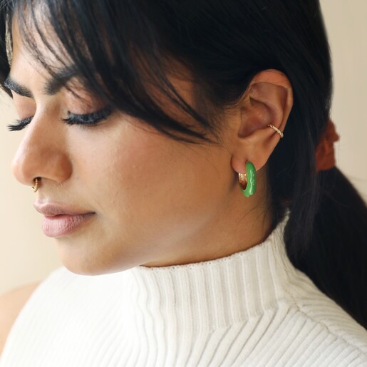 Model Wearing Big Metal London Green Enamel Irregular Hoop Earrings in Gold