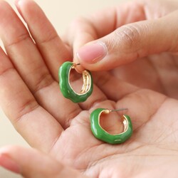 Big Metal London Green Enamel Irregular Hoop Earrings in Gold