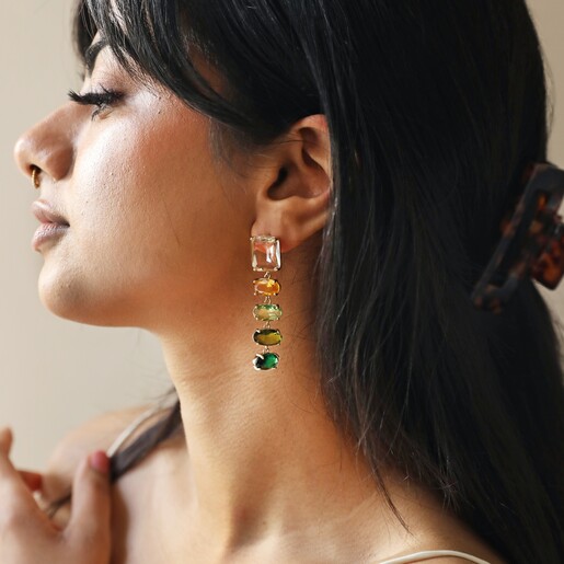 Big Metal London Green Stone Cut Luxe Earrings in Gold on Model