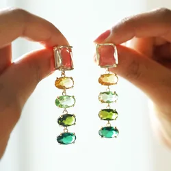Big Metal London Green Stone Luxe Drop Earrings in Gold