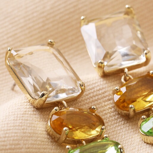 Close Up of Larger Stones on Big Metal London Green Stone Cut Luxe Earrings in Gold