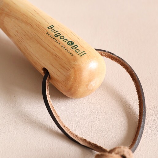 Close Up of Handle and Leather Strap on Burgon & Ball RHS Gardening Hand Fork