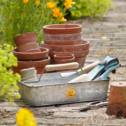 Burgon & Ball x Sophie Conran Galvanised Garden Tool Trug Filled With Tools in Garden