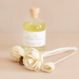 The Candle Brand Plum and Rhubarb Flower Diffuser on neutral backdrop with reeds in front